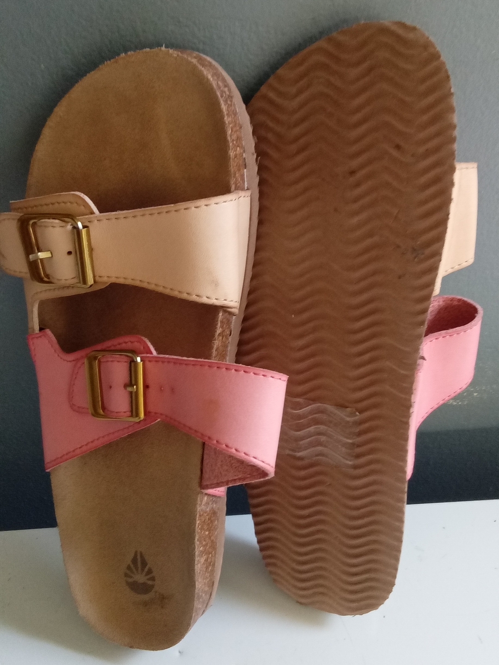 Two Tone Pink Peach Double Buckle Slide Sandals Cork Footbed Casual Summer Shoes - Picture 2 of 4
